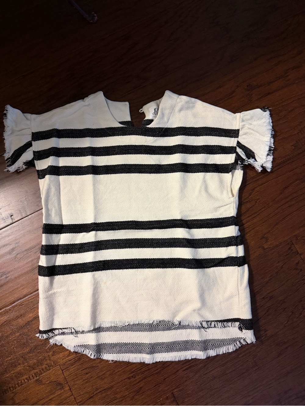 Fringed Short-Sleeve Striped Top - Black & White